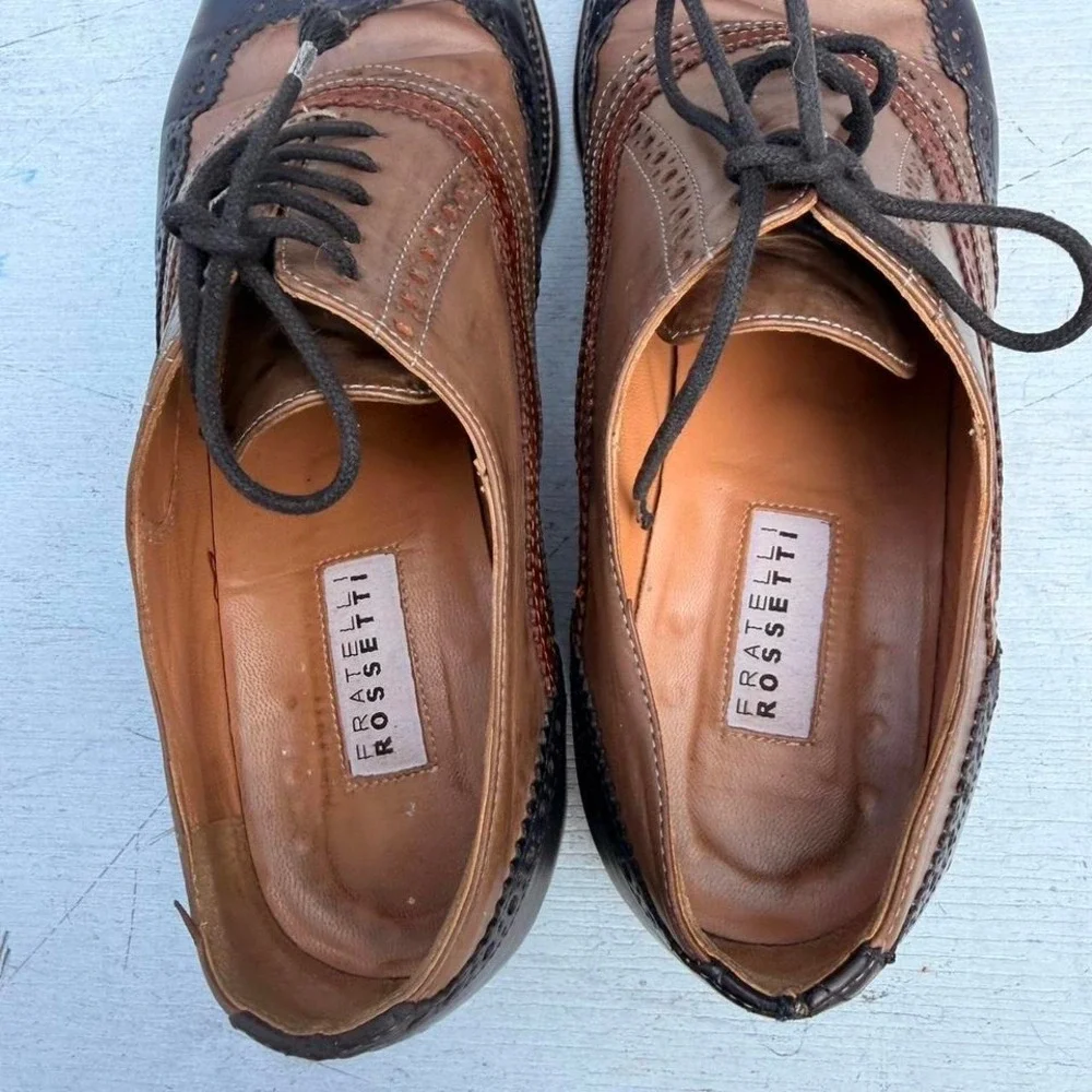 Fratelli Rossetti Tri-Color Leather Wingtip Oxfords Navy Brown Made in Italy 36